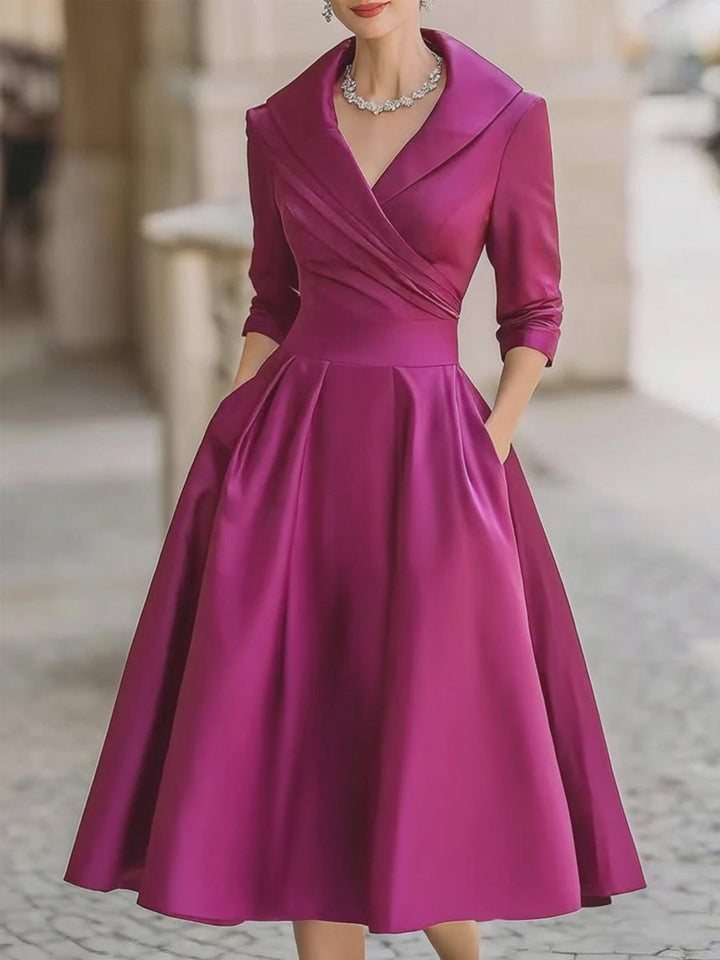 Women's elegant party midi dress with a unique draped collar detail, perfect for a special evening.