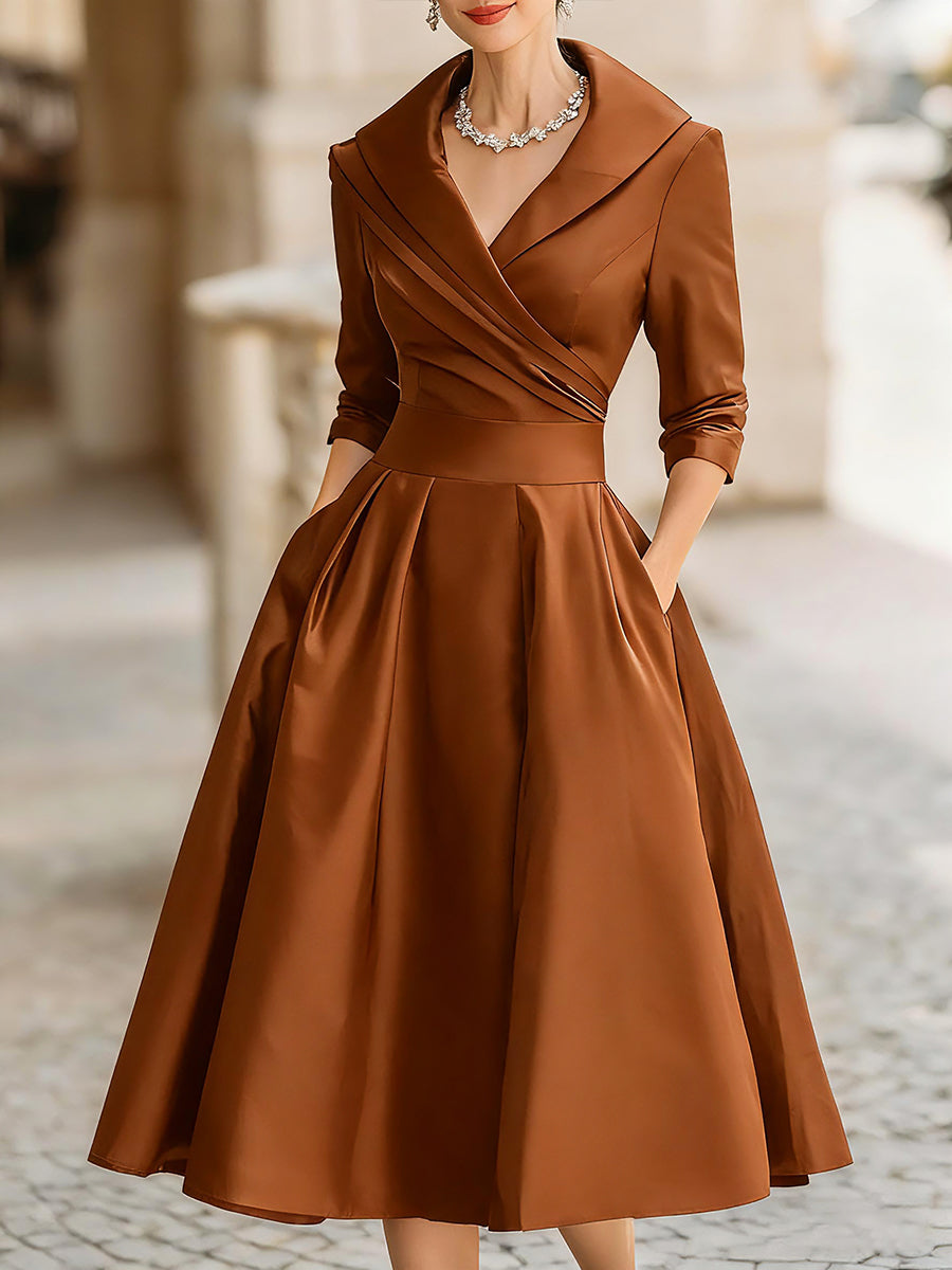 Retro draped collar midi dress for women, designed for formal events and elegant evening wear.