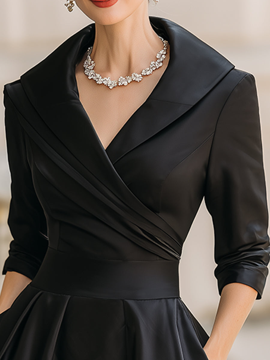 Elegant women's black midi dress with a stylish retro draped collar, ideal for formal parties.