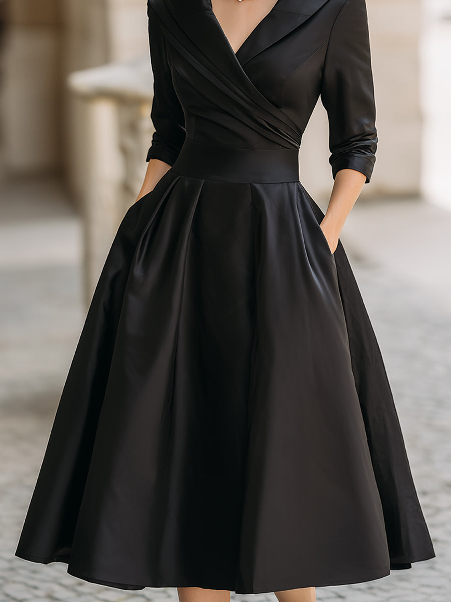 Chic women's formal midi dress featuring a sophisticated draped collar, great for cocktail parties.