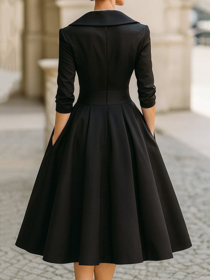 Retro-inspired women's evening midi dress with a unique draped neckline for elegance.