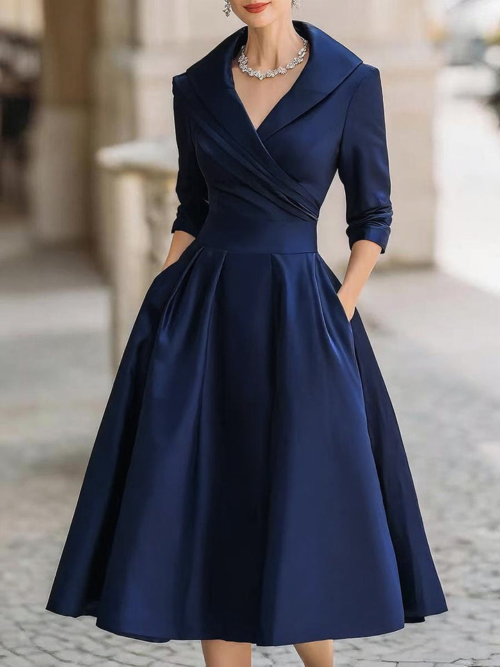 Sophisticated women's party midi dress with a draped collar, perfect for formal dinners.