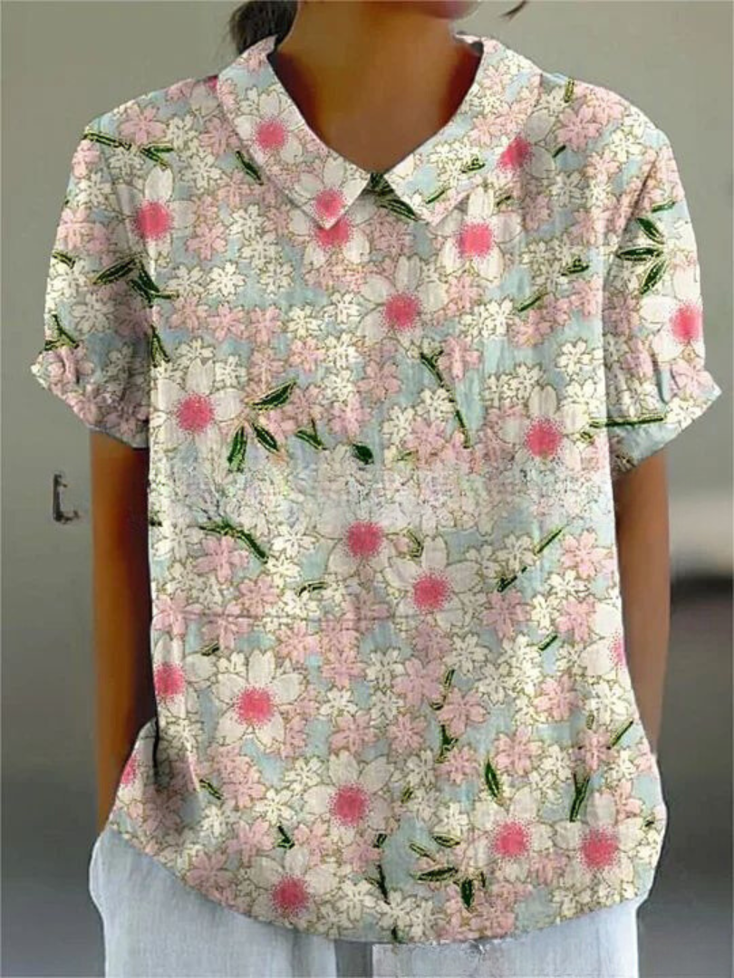 Short sleeve women's top featuring retro floral print & elegant embroidery. Casual wear.