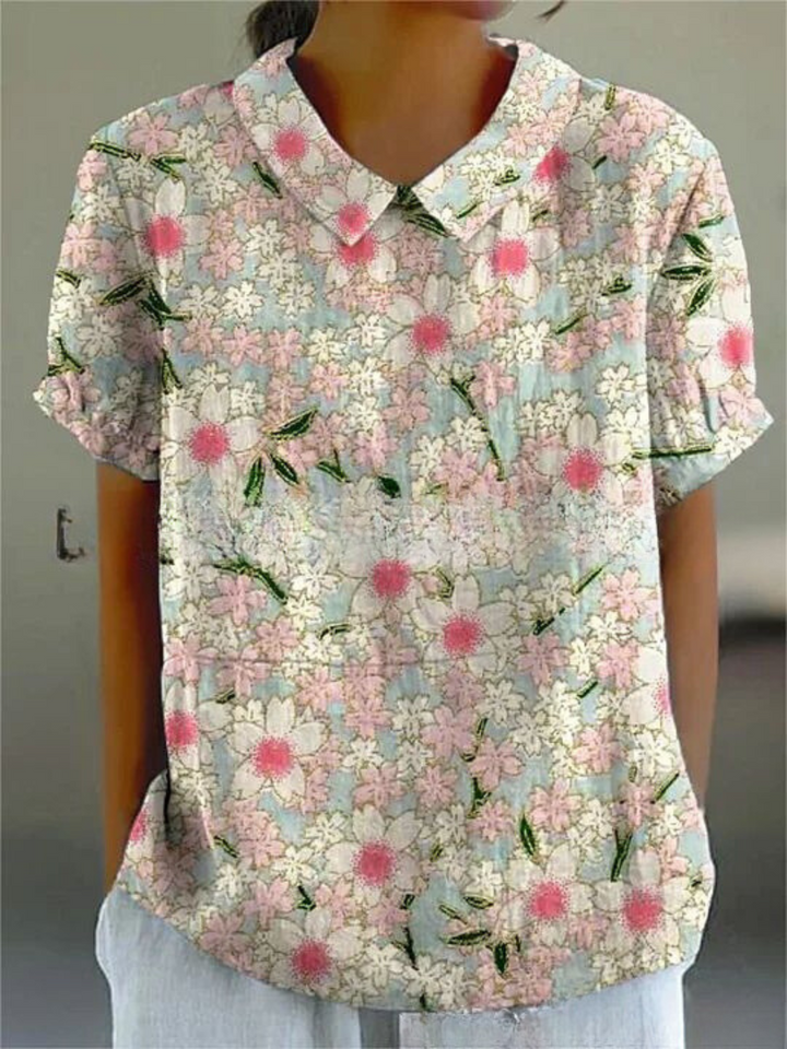 Short sleeve women's top featuring retro floral print & elegant embroidery. Casual wear.