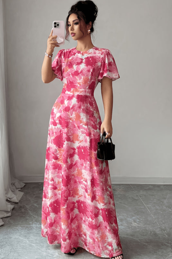 Gorgeous women's floral midi dress with a retro pleated design & elegant ruffled sleeves.