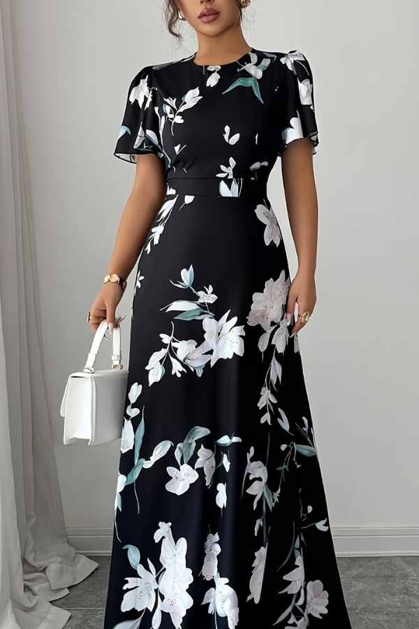 Stylish women's midi dress with retro floral print, pleated skirt, & ruffled sleeves.