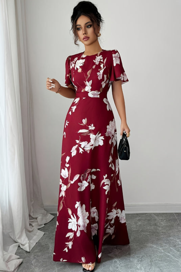 Chic women's retro floral midi dress with a flowing pleated skirt & modest fashion.