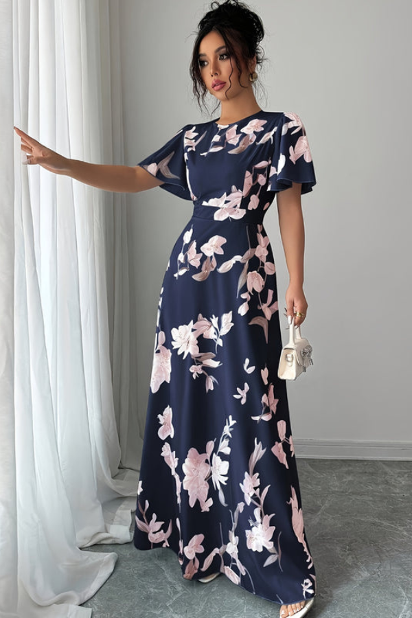Spring/summer women's retro floral dress, pleated midi length, elegant & versatile.