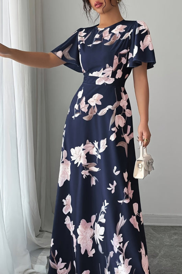 Women's floral print midi dress, retro pleated style with ruffled sleeves, chic look.