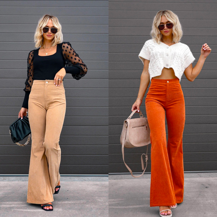 Versatile women's retro-inspired high-waisted ribbed flared trousers. Ideal for casual comfort or chic elegance.