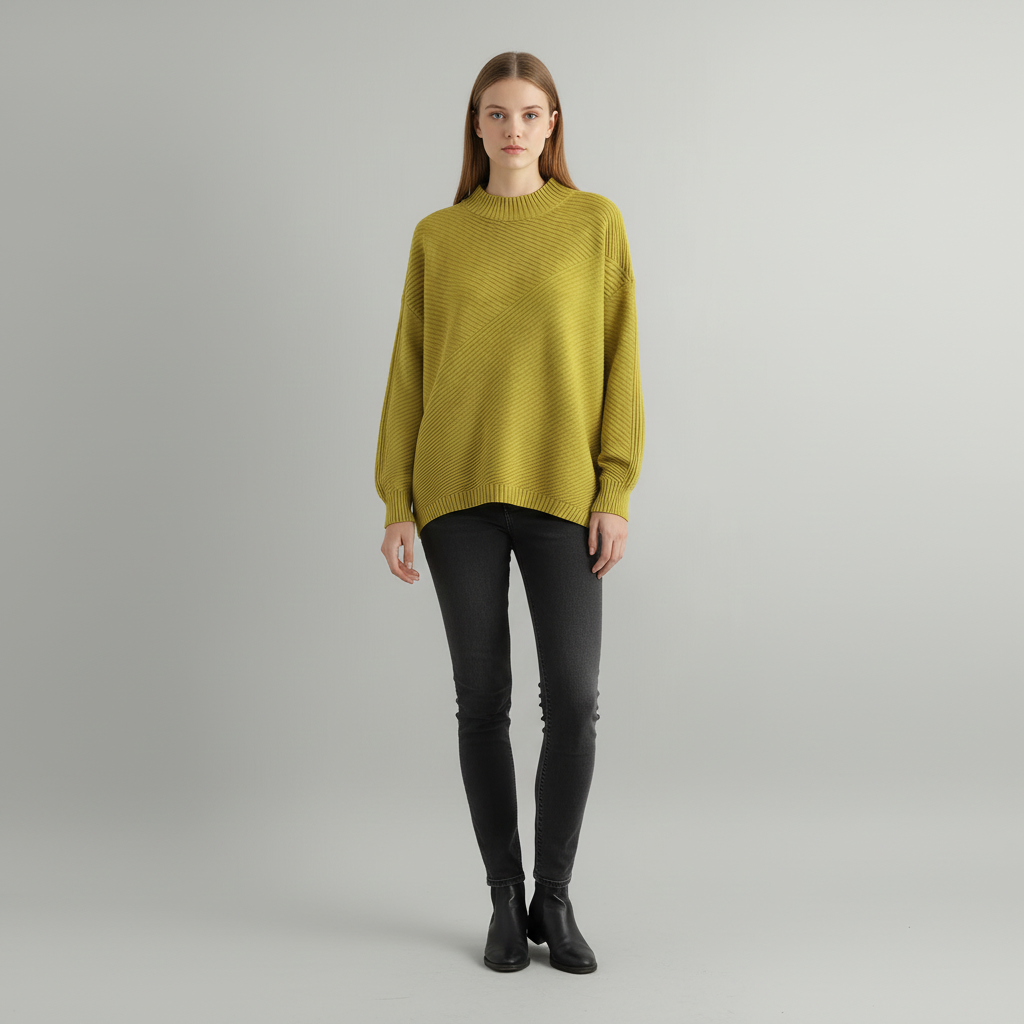Cozy vintage style women's knit jumper with a relaxed fit and half roll neck
