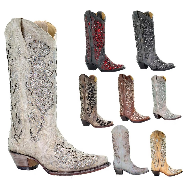 Women's retro sequined embroidered long boots with pointed toe & thick heel, perfect for fall fashion.