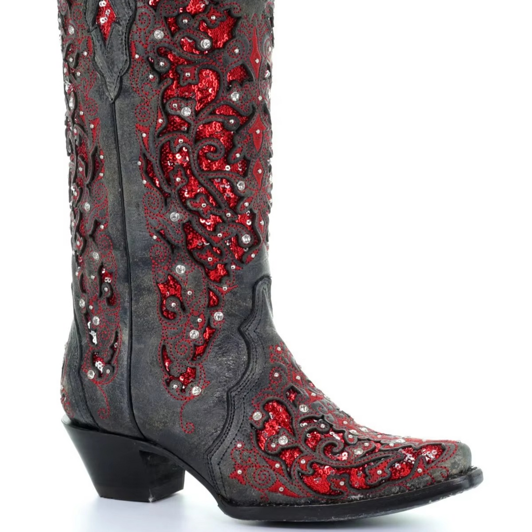 Stylish women's sequined long boots with intricate embroidery, a pointed toe, ideal for evening wear.