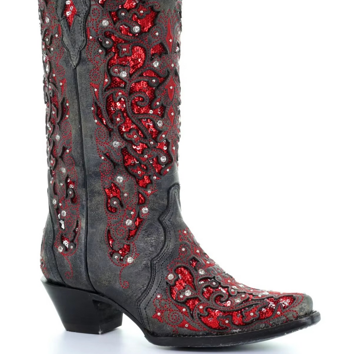 Stylish women's sequined long boots with intricate embroidery, a pointed toe, ideal for evening wear.