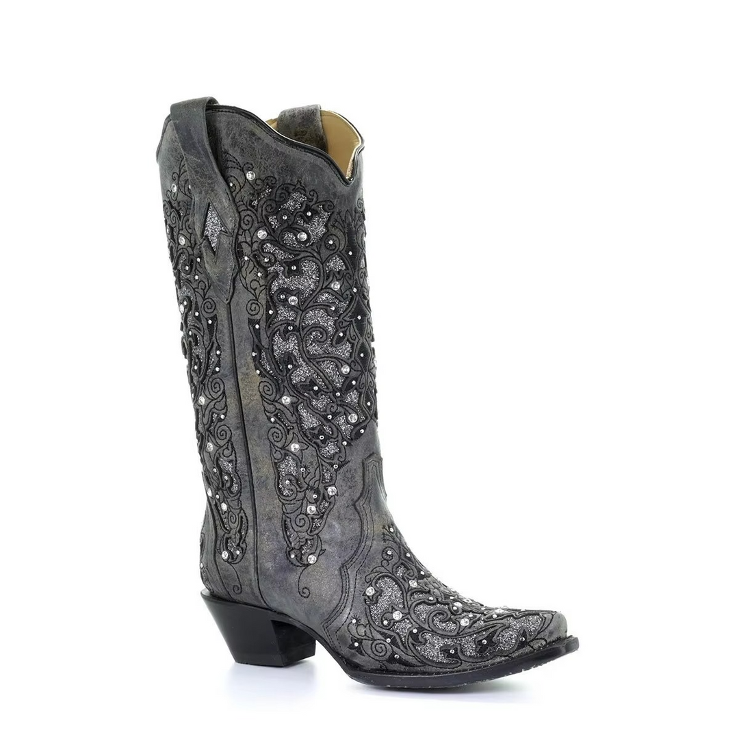 Elegant women's long boots, uniquely sequined & embroidered, featuring a retro pointed toe & thick heel.