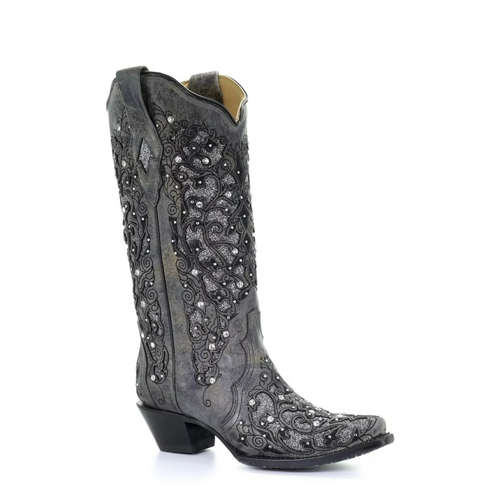 Elegant women's long boots, uniquely sequined & embroidered, featuring a retro pointed toe & thick heel.