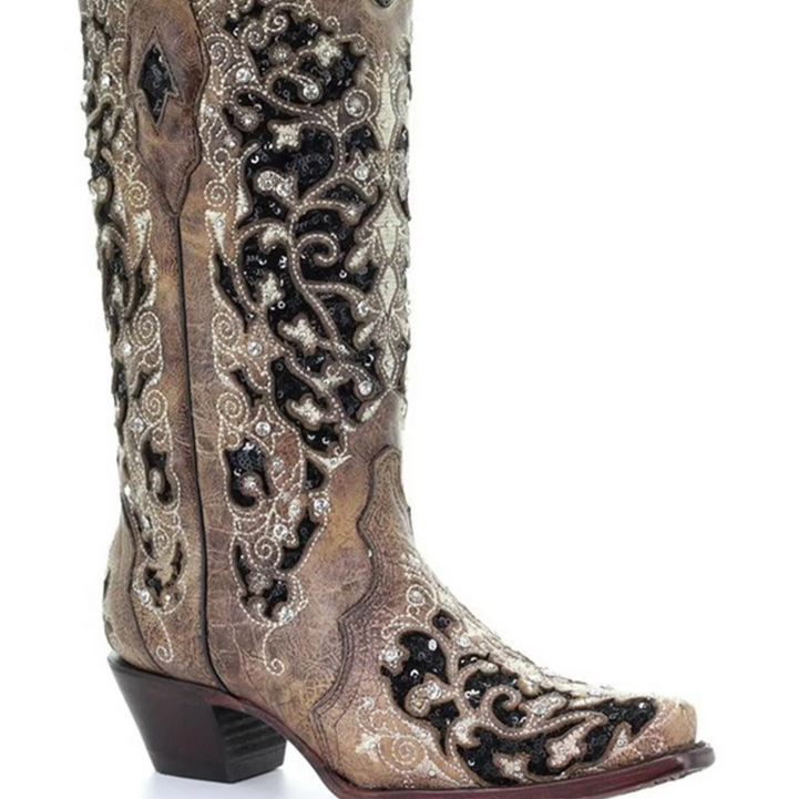 Comfortable women's long boots: retro style, sequined embroidery, pointed toe, and sturdy thick heel.