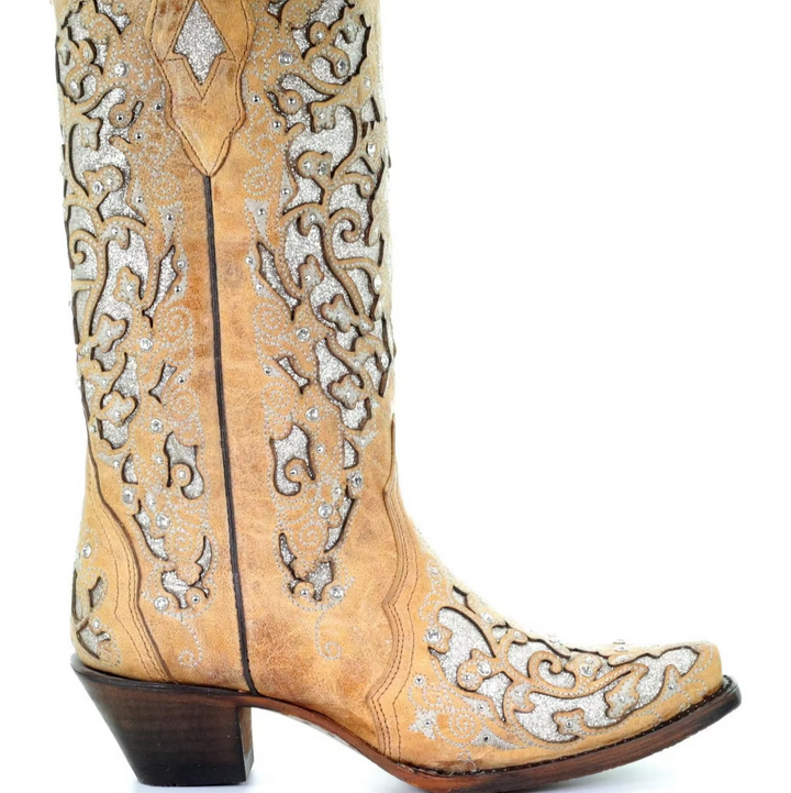 Women's sequined long boots, intricately embroidered, with a sharp pointed toe & classic retro thick heel.