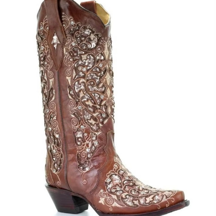 Chic women's retro long boots, sparkling sequins & detailed embroidery, a pointed toe for a fashion statement.