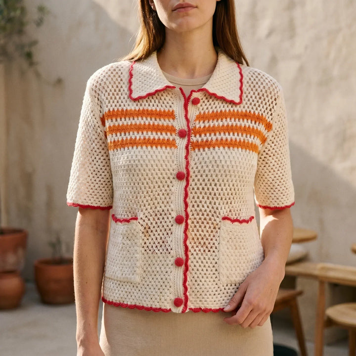 Women's retro short-sleeve knit cardigan for summer. Lightweight, open-front design, perfect for casual layering.