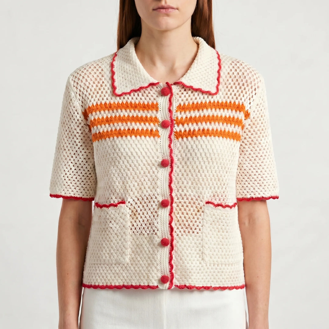 Striped women's short-sleeve knit cardigan with collar. Vintage-inspired, a stylish and lightweight summer top.
