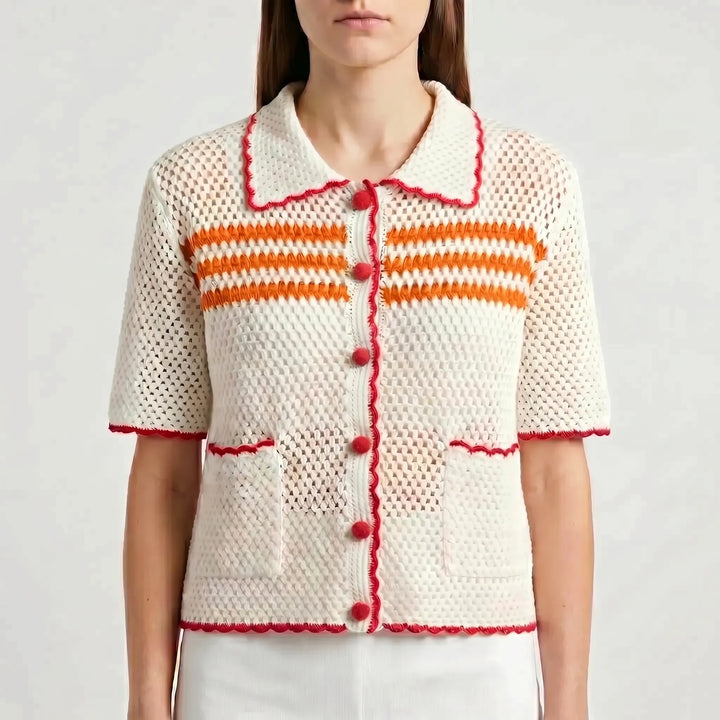 Chic open-front women's short-sleeve cardigan. Retro knit style, a comfortable and fashionable choice for summer.