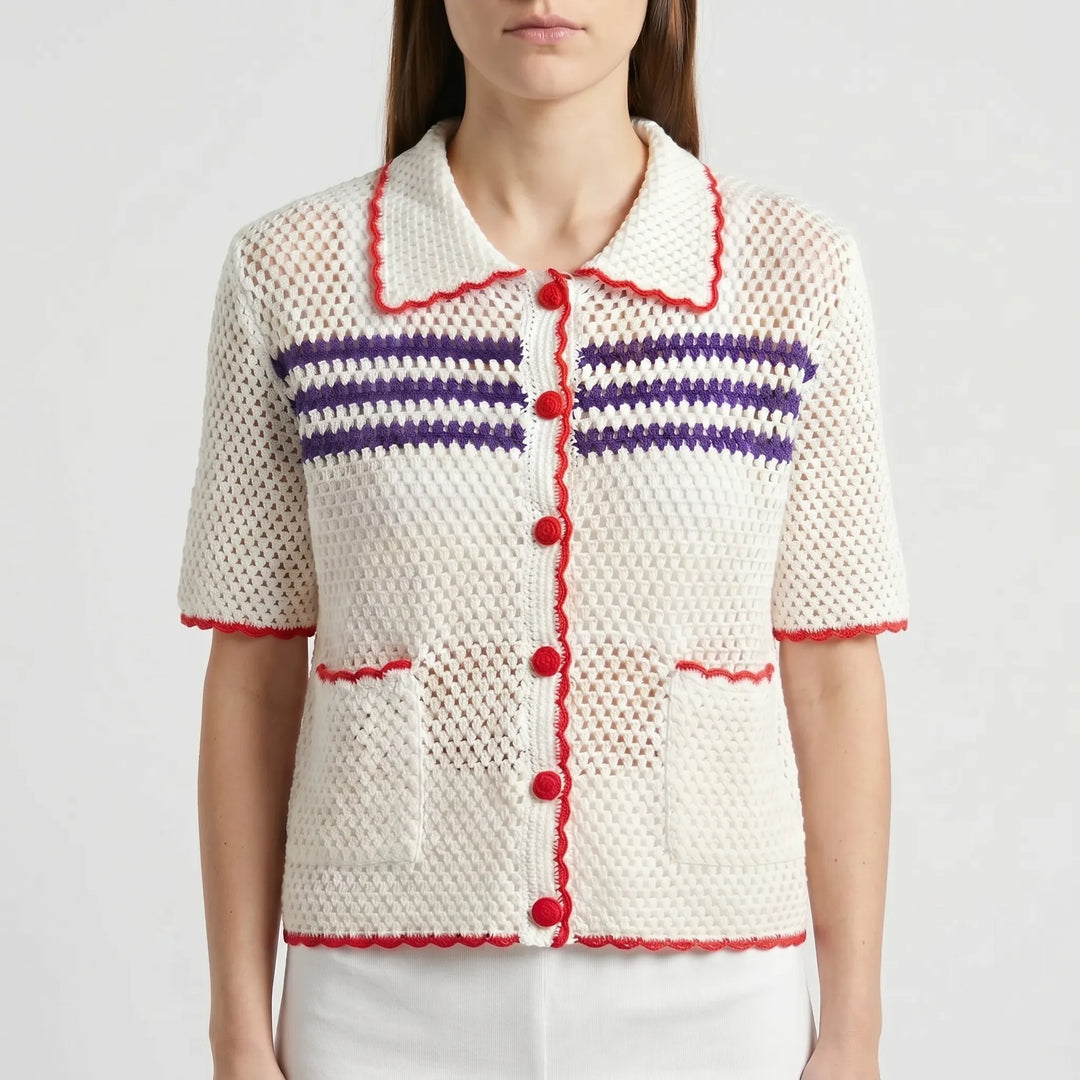 Classic striped short-sleeve knit cardigan for women. Versatile retro top, great for summer fashion & casual outfits.