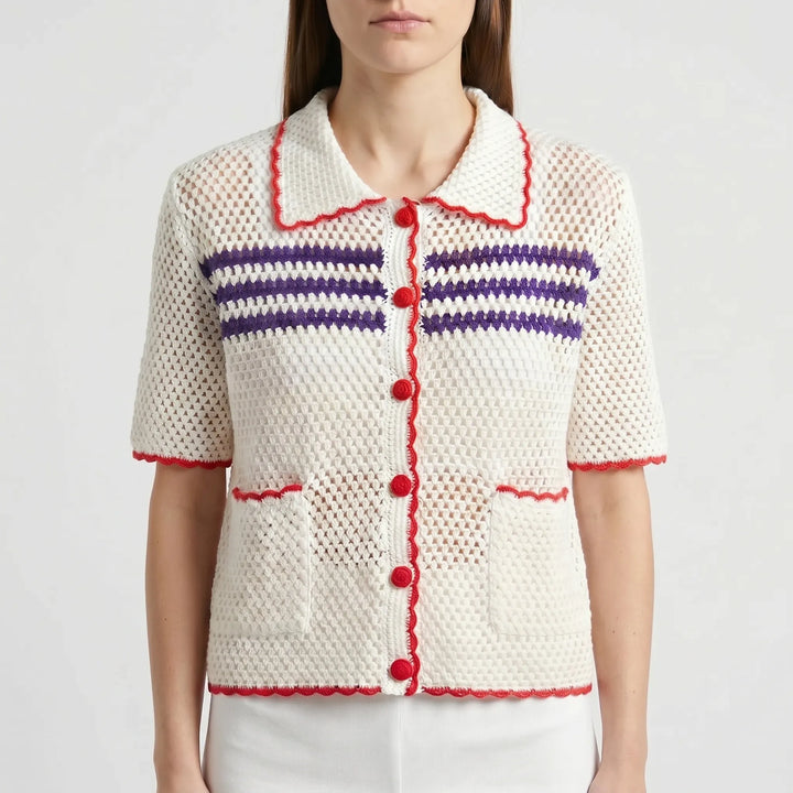 Classic striped short-sleeve knit cardigan for women. Versatile retro top, great for summer fashion & casual outfits.