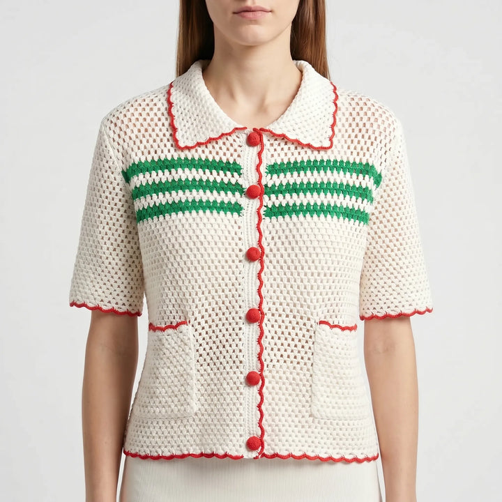 Comfortable knit short-sleeve cardigan for women. Relaxed fit, perfect as a lightweight layering top for warm summer days.