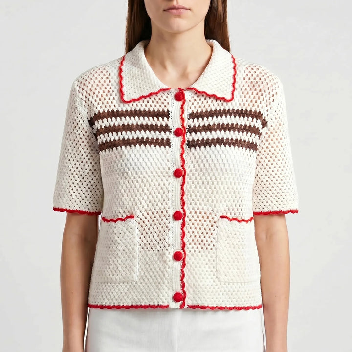 Retro summer short-sleeve knit cardigan for women. Collared, open-front design offers a vintage and breezy look.