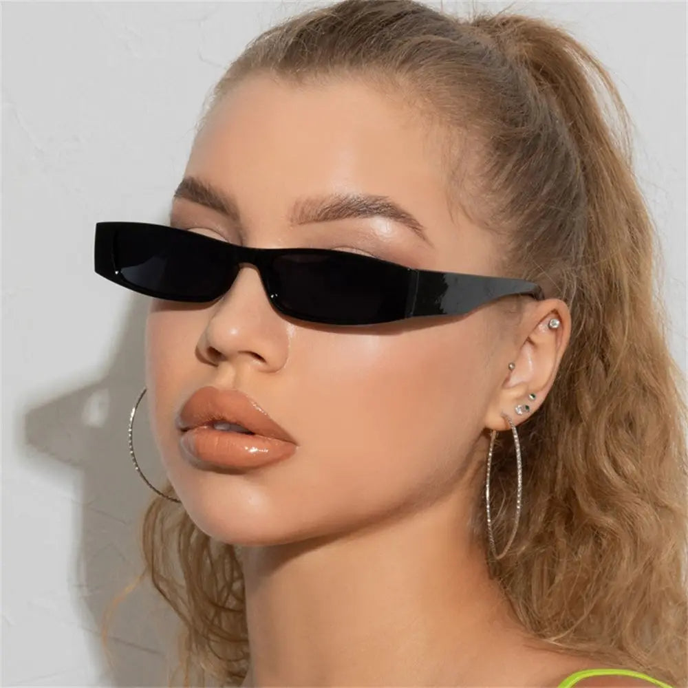 Women's retro slim rectangular sunglasses, trendy 90s fashion eyewear with UV protection.