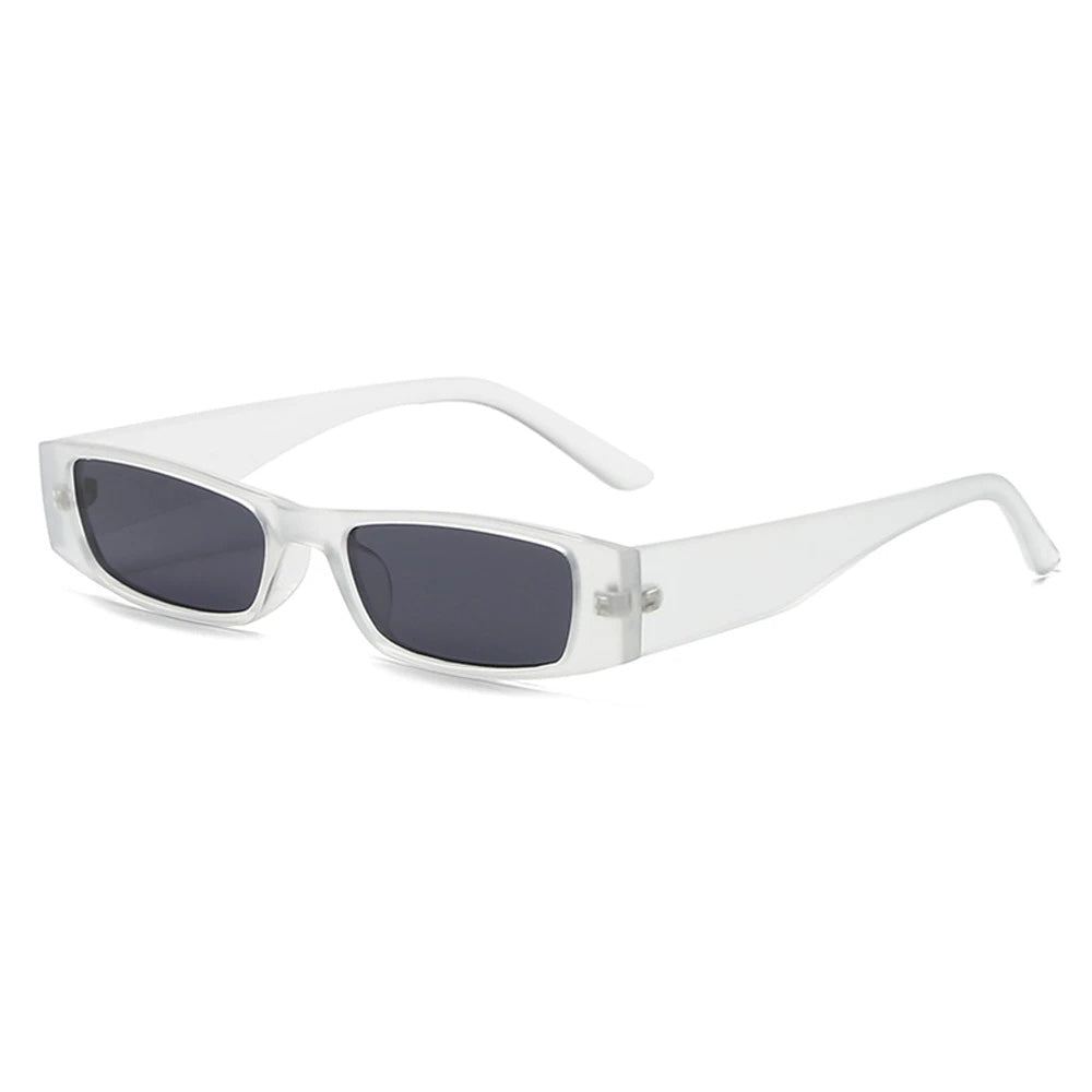Trendy women's slim rectangular retro sunglasses. 90s style eyewear for chic UV protection.