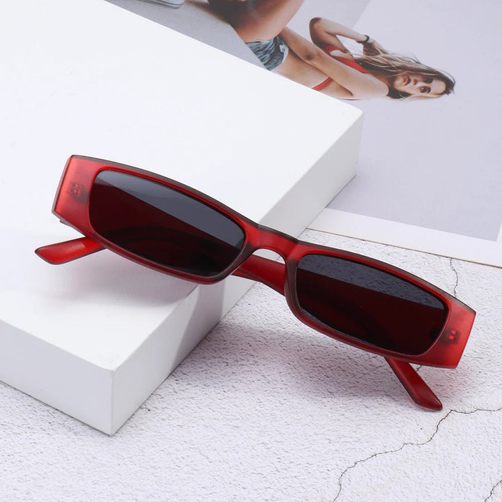 Trendy retro 90s slim rectangular shades for women, fashionable eyewear, UV protected.