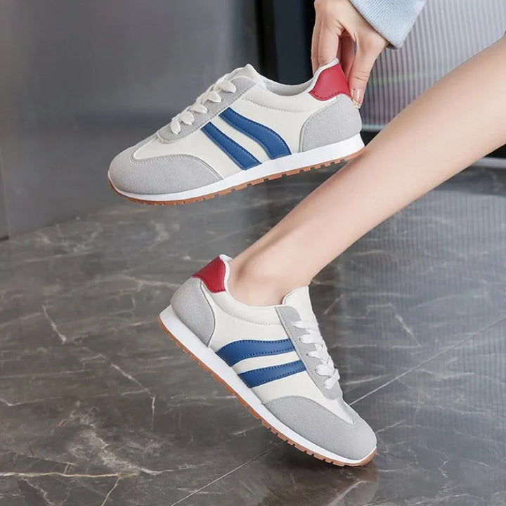 Chic women's retro stripe casual sneakers. Colorblock lace-up design in blue & gray, perfect for vintage everyday wear.