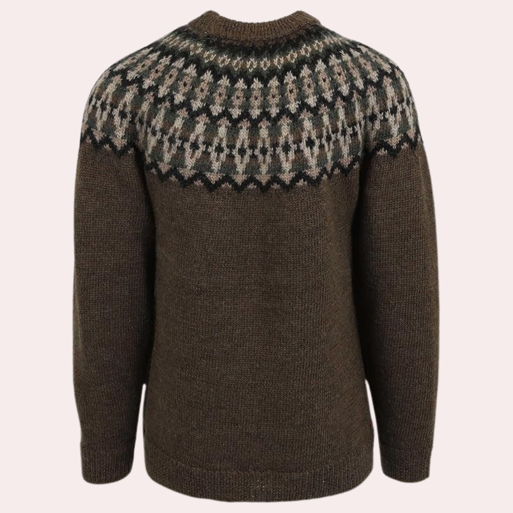 Vibrant women's striped knit sweater, a cozy multicolored retro jumper for autumn and winter style.