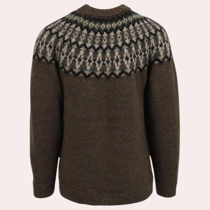 Vibrant women's striped knit sweater, a cozy multicolored retro jumper for autumn and winter style.