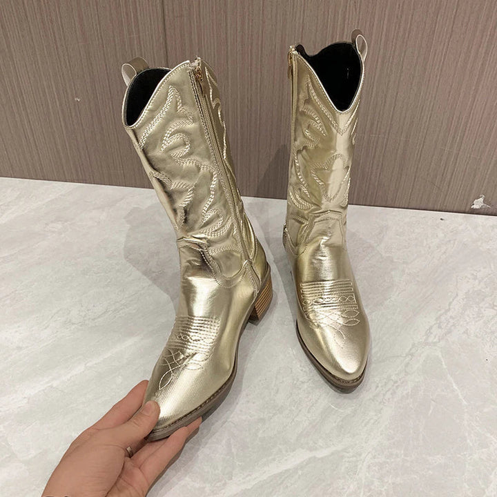 Easy on/off retro Western cowboy boots for women, stylish & comfortable casual wear.