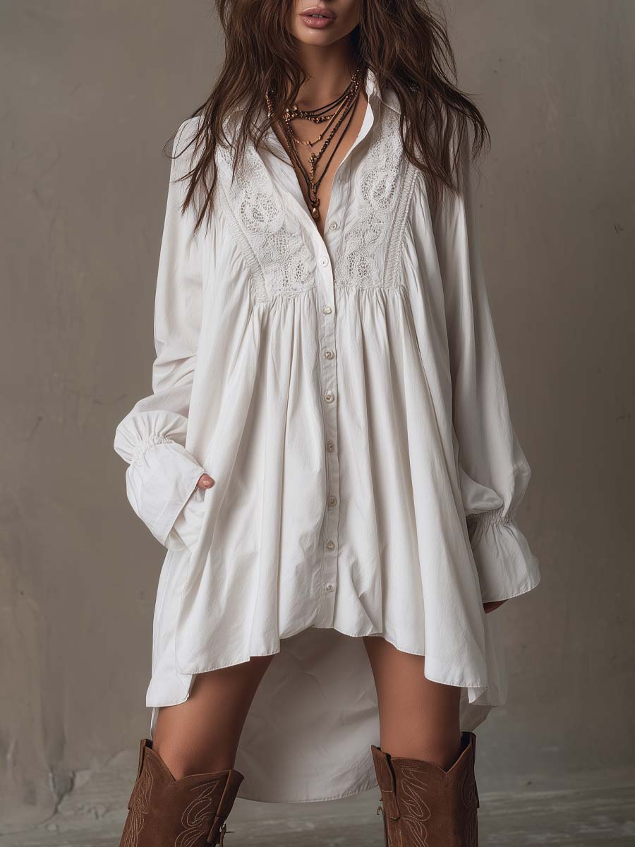 Women's retro white lace long-sleeve midi dress with elegant irregular hem, perfect for parties and occasions.