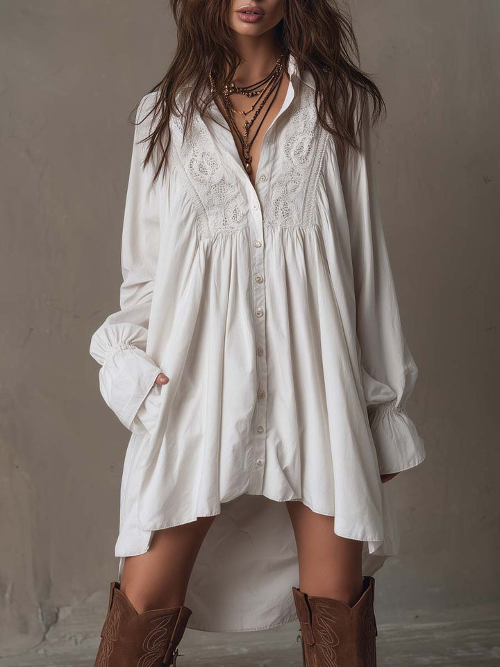 Women's retro white lace long-sleeve midi dress with elegant irregular hem, perfect for parties and occasions.