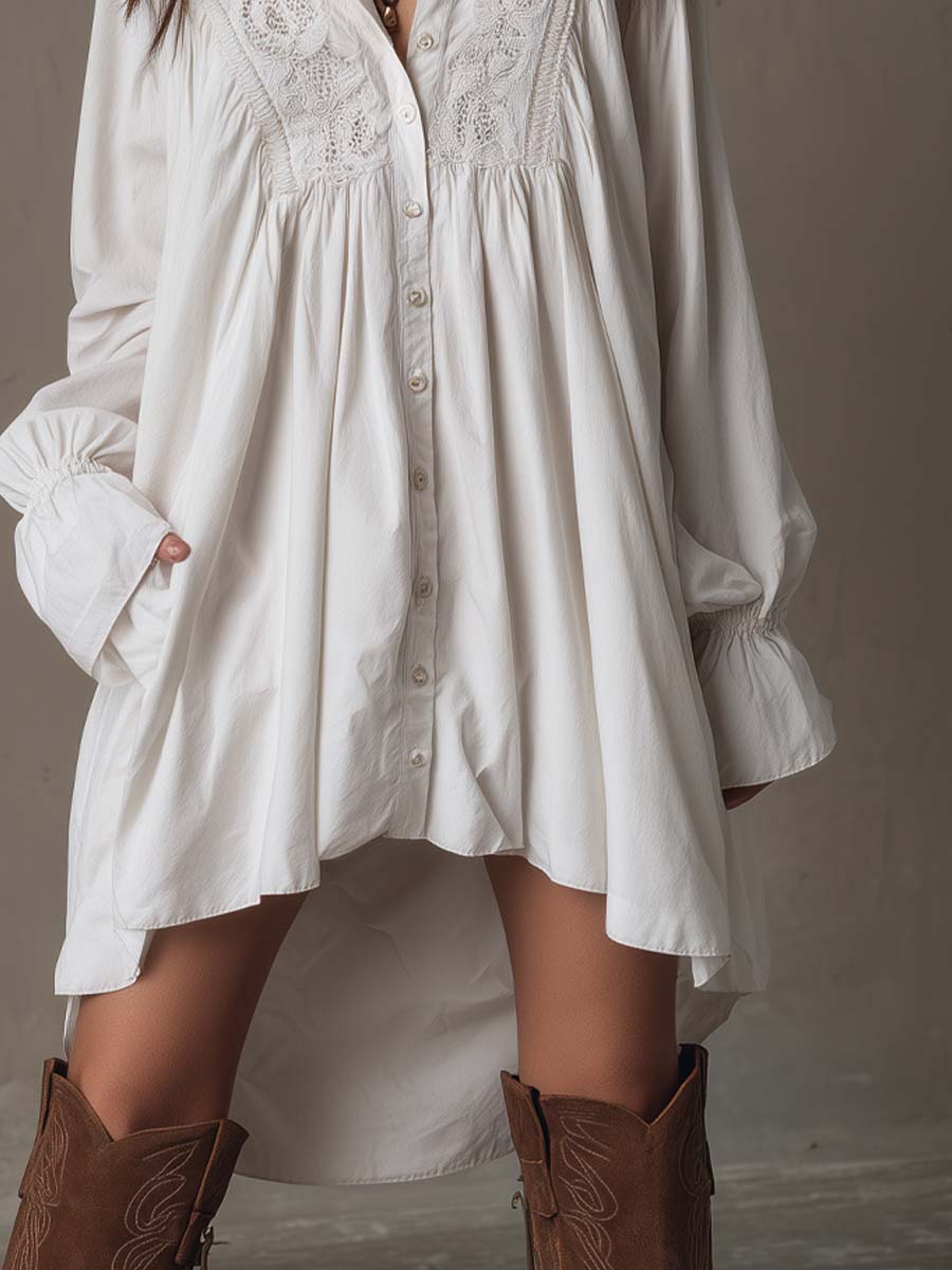 Retro white lace long-sleeve midi dress for women, featuring a beautiful irregular hem. Perfect for vintage style events.