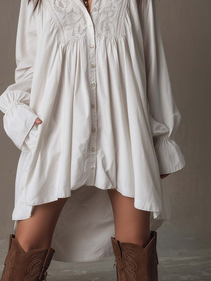 Retro white lace long-sleeve midi dress for women, featuring a beautiful irregular hem. Perfect for vintage style events.