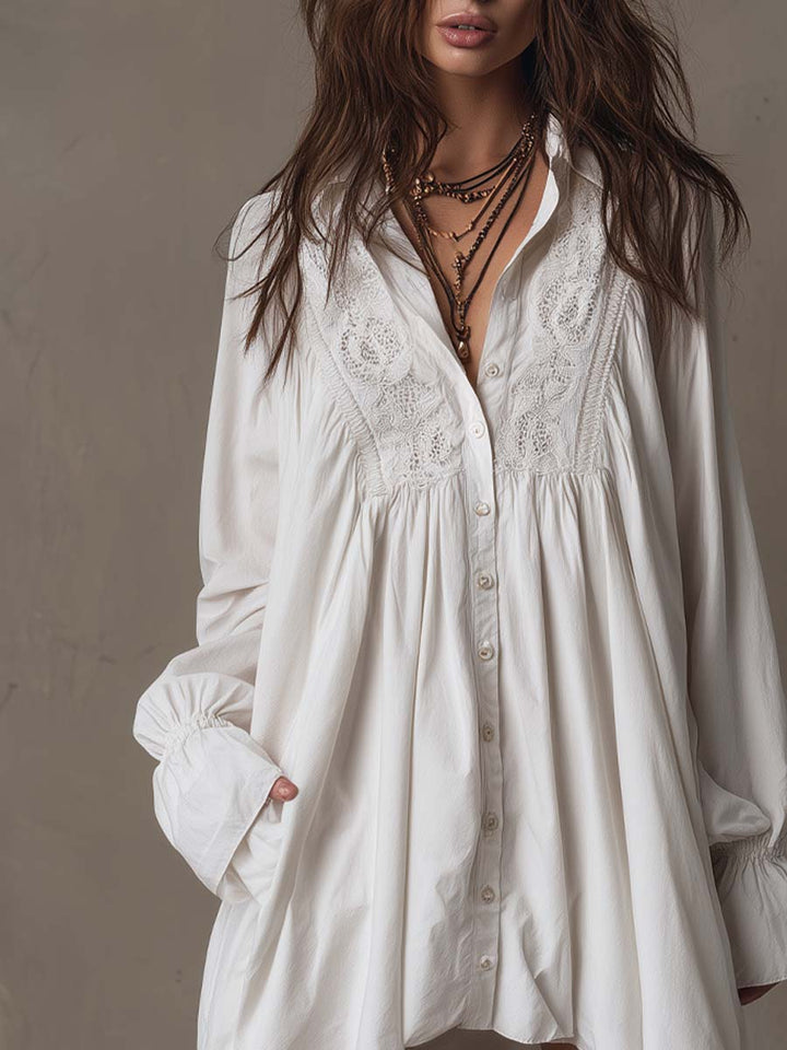 Stylish women's long-sleeve white lace dress with an irregular hem, offering a sophisticated retro party look.