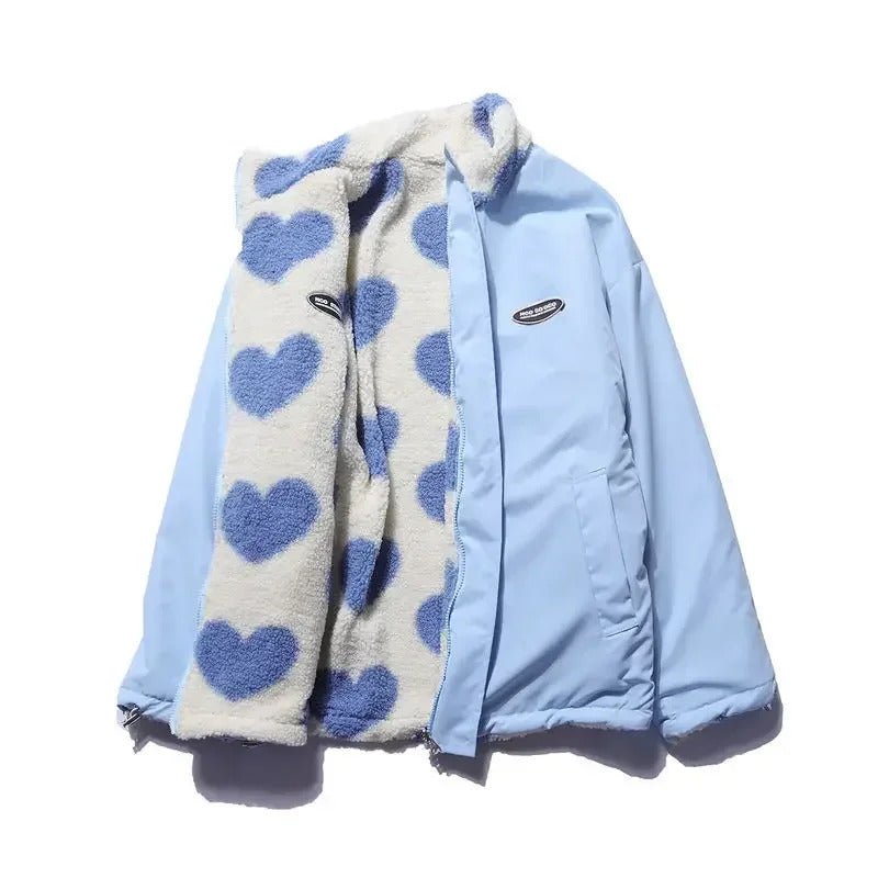 Casual women's reversible heart jacket, offering two looks in one for daily fashion.