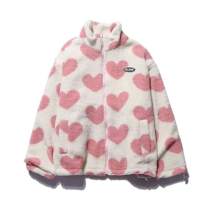 Women's reversible heart-patterned jacket, a stylish and comfortable addition to any wardrobe.