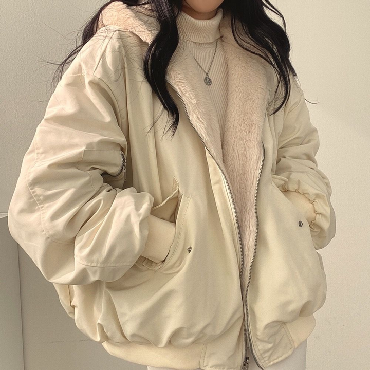 Full view: Women's versatile reversible hooded jacket, warm & cozy for daily wear.