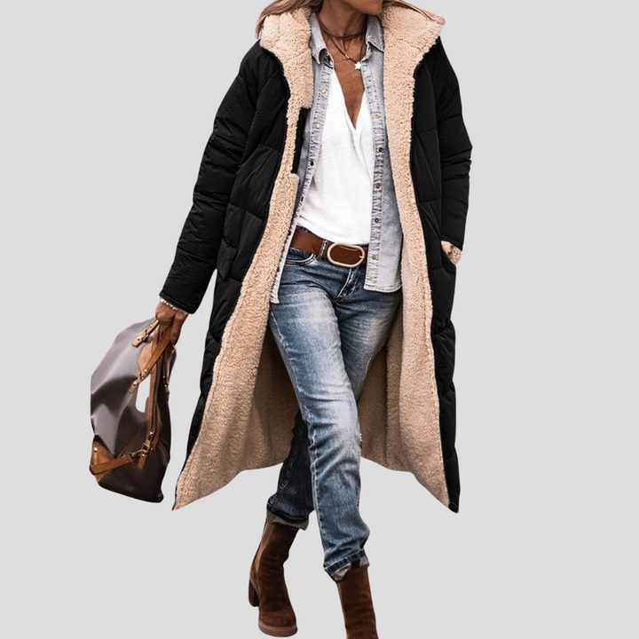 Women's reversible hooded winter coat, cozy and warm for cold weather. Stylish outerwear.