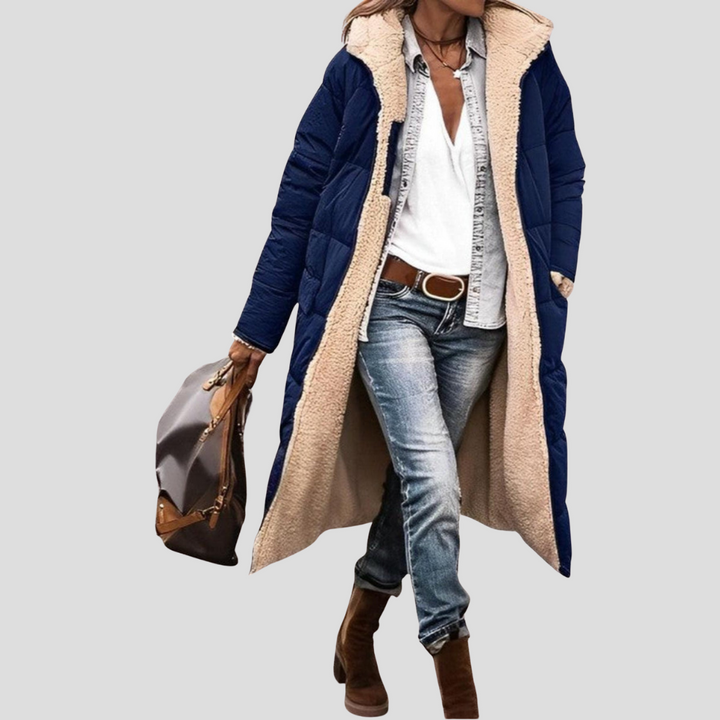 Front view of women's long hooded winter jacket, perfect for warmth and cold weather fashion.