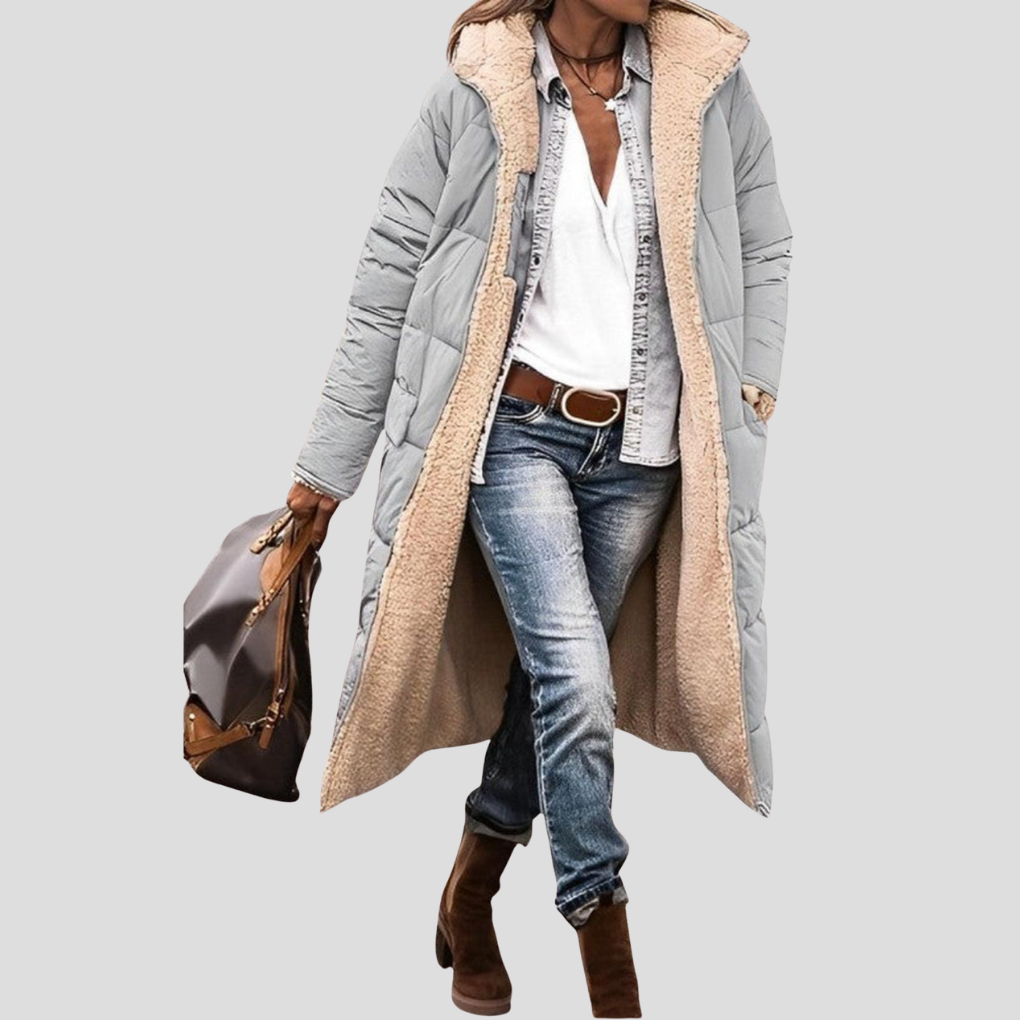 Stylish women's reversible winter coat with hood, ideal cozy jacket for ultimate cold weather comfort.