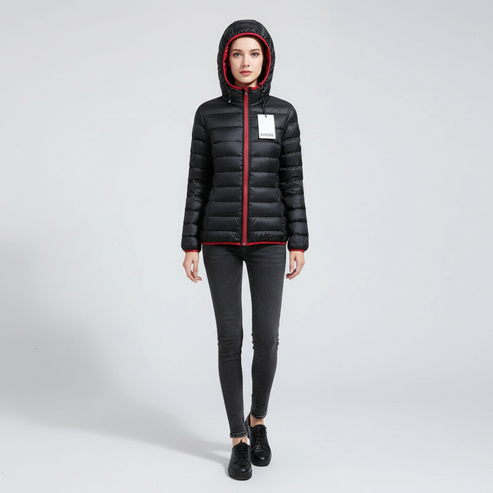 Back view of the women's reversible quilted jacket, Nina, in a stylish burgundy color.