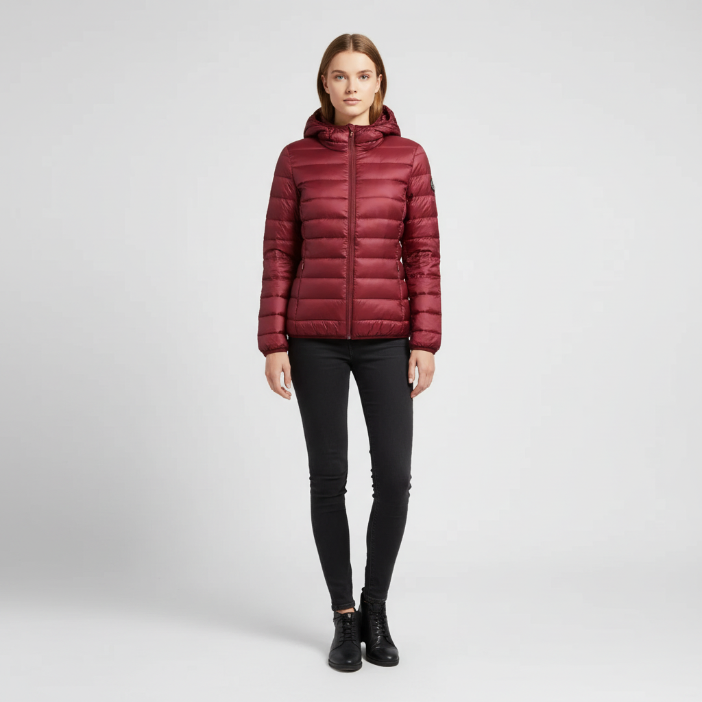 Nina women's down jacket: a versatile, reversible, packable hooded jacket for cold weather.